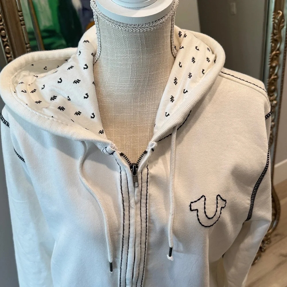 True Religion White Zip-Up Hoodie with Black Contrast Stitching